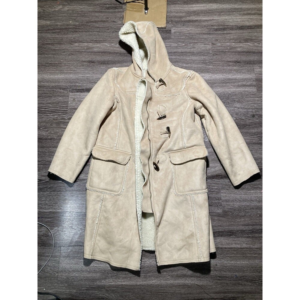 Gap Women's Faux Suede Sherpa Lined Toggle Duffle Coat XL Hooded Tan Camel